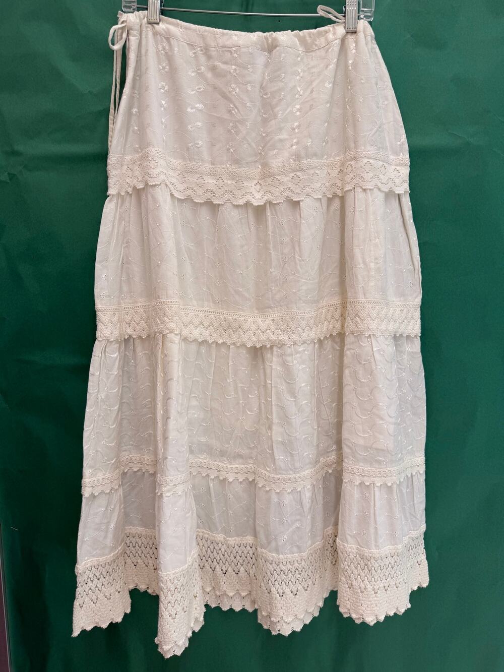 Cottagecore White Cotton Eyelet Tiered Crochet Lace Prairie Skirt 12W